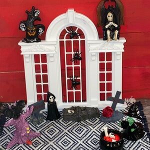 Mini Dollhouse White Arched Window Halloween Display with Black Spiders